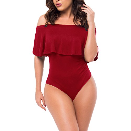 Antopmen Women's Ruffles Off Shoulder Sleeveless Bodysuit Leotards (X-Large, WineRed)