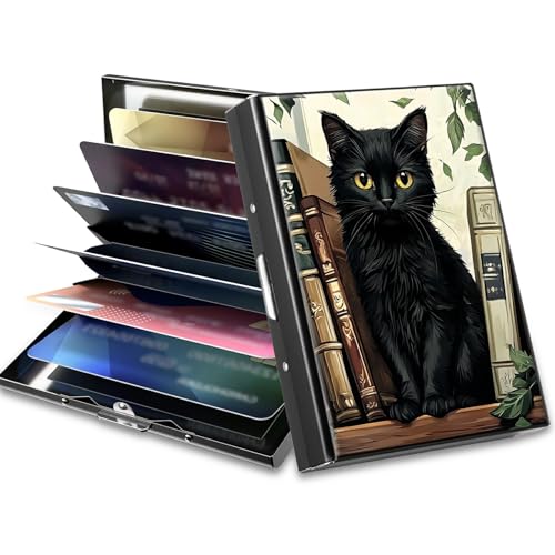 Image of Slim Credit Card Holder, Black Cat Books RFID Blocking Metal Wallet for Men & Women, Aluminum Minimalist Hard Case Pocket-Sized Business Cards Organizer (Fits Up to 10 Cards)
