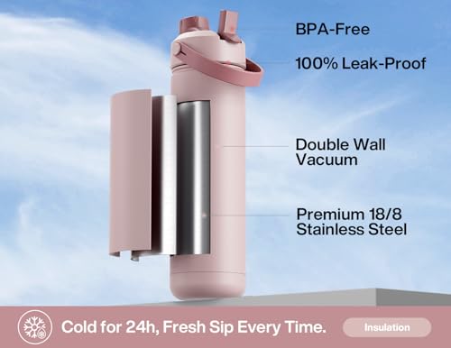 Image of POWCAN 26 oz Insulated Water Bottle with 2-in-1 Straw and Spout Lid, Keep Cold 24H, Leak-Proof, Fits in Car Cup Holder, Stainless Steel Water Bottle for Sports, Travel, Gym, and School (Dried Rose)