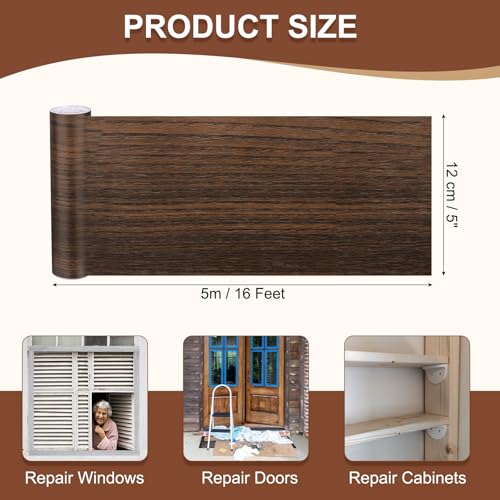 Image of MECCANIXITY Wood Grain Repair Tape, 5 Inch x 16 Feet Self Adhesive Wood Grain Tape Multi-Purpose Wallpaper Border Trim for Furniture Floors Windows Doors Tables Home, Black Brown