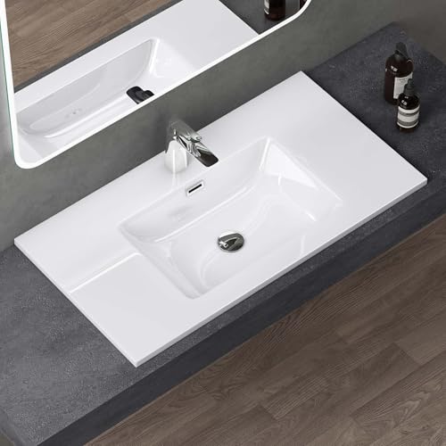 doporro Lavabo Integrale a Incasso Soprapiano 90x48x12 cm Rettangolare in Marmoresina Bianco Lucido, Lavabo Bagno da Appoggio con Foro Rubinetto e Troppopieno Colossum02