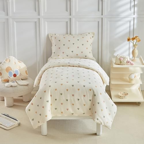 JHCHMX Cot Bed Duvet Cover Set Beige Star Pattern Toddler Bedding Set For Girls Soft Reversible Duvet Cover with Pillowcase Kids Bedding Set-120x150cm