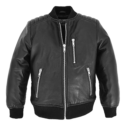 Kids Childrens Real Leather Jacket Boys Bomber Style Soft Warm Light Coat LUCAS Black