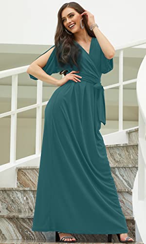 Image of KOH KOH Plus Size Womens Long Formal Short Sleeve Cocktail Flowy V-Neck Casual Bridesmaid Wedding Party Guest Evening Cute Maternity Work Gown Gowns Maxi Dress Dresses, Teal Green 2XL 18-20