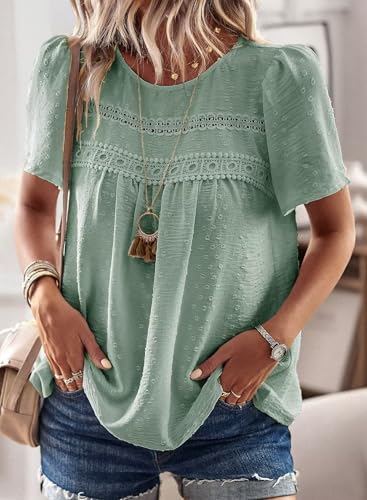 Image of Falechay Womens Summer Tops Crewneck Short Sleeve Shirts Casual Chiffon Blouses Flowy Lace Hem Boho Clothing Trendy 2026