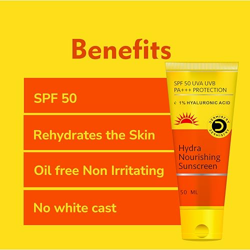 Image of Dermistry 1% Hyaluronic Sunscreen SPF 50 Oil Free Water Based Aqua Gel For Dry Oily Acne Prone Combination & All Skin Types Lightweight Non-Greasy No White Cast Broad Spectrum UVA UVB Protection 50ml