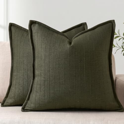 DEZENE 20x20 Linen Pillow Covers Olive Green Pack of 2 Farmhouse Boho Neutral Accents Striped Textured Square Decorative Throw Pillow Cases for Living Room Couch Bed Home Decor