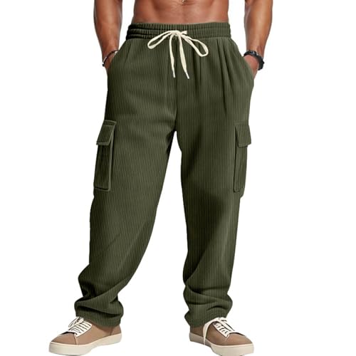 Men's Corduroy Cargo Pants - Relaxed Fit Drawstring Waist, Vintage Textured Multi-Pocket Trousers for Casual