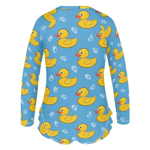 Yellow Duck on Blue Background Girls Long Sleeve Swimsuit Rash Guard One Piece Bathing Suits Zipper 3-12T3