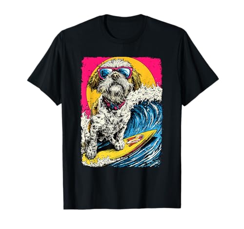 Surfear Shih Tzu Montar Ola Perro Barbudo Surfista Puesta del Sol Playa Camiseta