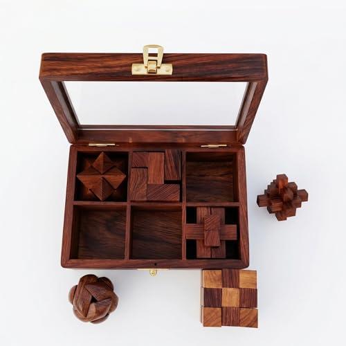 Image of 6-in-1 Wooden 3D Puzzle Game Set for Adults & Teens Brain Teaser IQ Puzzle Collection Educational Learning Toy Logic Strategy & Family Board Games Gift