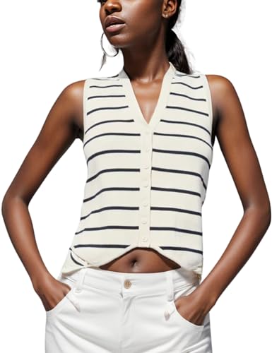 Image of Chevara Women's Sleeveless Striped Sweater Vest Casual V Neck Vest Tops Summer Outfits(0084-White-M-CW), Medium