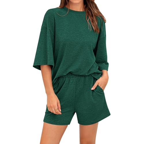 Women Summer 2 Piece Outfits Casual 3/4 Sleeve Tops Oversized Shirts Elastic Waist Shorts Lounge Tracksuit Sets