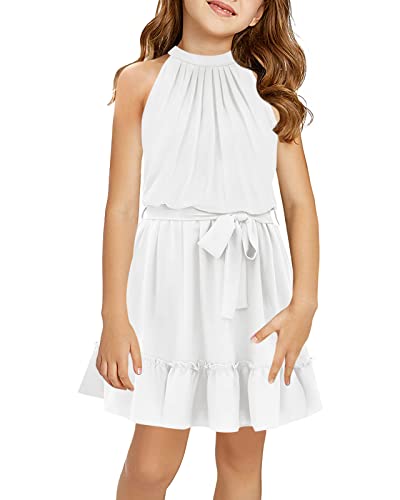 Newffr Girl's Halter Neck Sleeveless Summer Dress Tie Waist A-line Sundress Mini Swing Pleated Dress for Girls 4-12