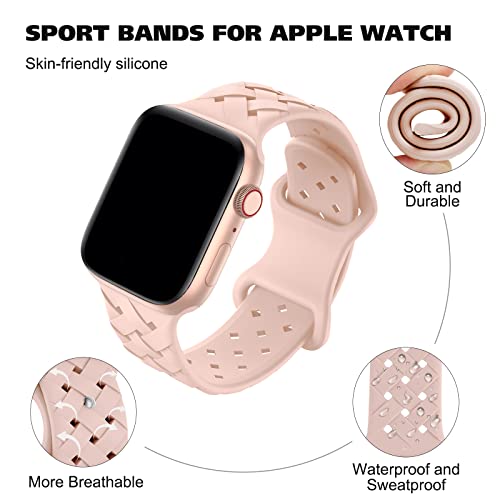 Image of Silicone Braided Weave Bands Compatible with Apple Watch 38mm 40mm 41mm 42mm 44mm 46mm 45mm 49mm, Replacement Sport Breathable Strap for iWatch Series 11 /10 /9 /8 /7 /6 /5 /4 /3 /2 /1 Ultra SE Women Men, Pink Sand