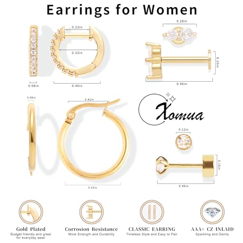 14K Gold Earrings, Hypoallergenic Surgical Steel Earrings for Women, Small 14K Gold Plated Hoop Earrings Trendy, Tragus Piercing Jewelry Flat Back Stud Perfect for Fashion Style.4
