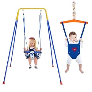 3 in 1 Toddler Swing & Jumper, Baby Swing & Bouncer for Outdoor Indoor Play, Baby Bouncer Jumper with Safety Seat, Foldable Metal Stand (Swing & Jumper Set)