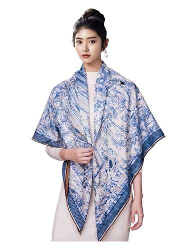 Châle en laine et soie bleu HangErFeng écharpe carrée imprimé double face 1042