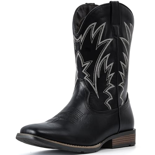 IUV Cowboy Boots For Men Square Toe Western Boots Durable Classic Embroidered Pull On Boot Slip Resistant Country Boot