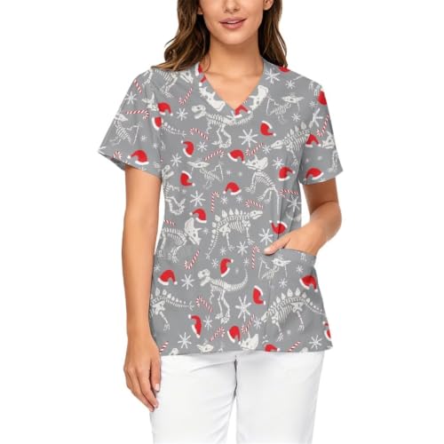 Xarleslyna Fun Christmas Dinosaur Print Scrub Tops for Women with Pockets