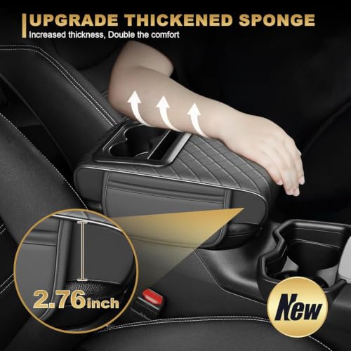 Image of Eliane Car Center Console Armrest Cover Pad Fashion PU Leather Car Armrest Cushion Fit for SUV, Auto Armrest Seat Box Cover with 2 Mobile Pockets, Ergonomic Comfort & Easy Install (Black) (Design 2)