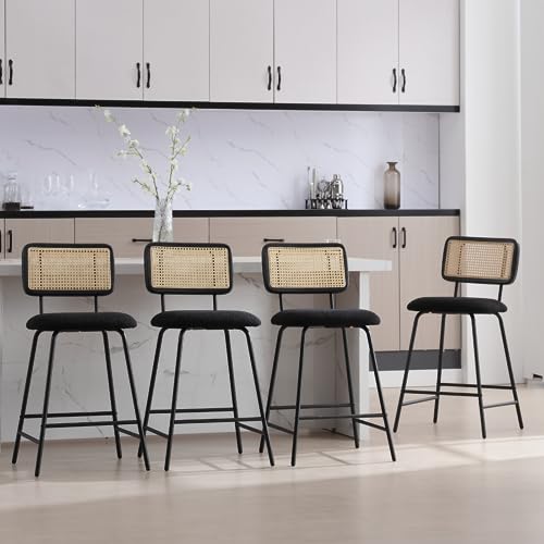Image of Bar Stools Set of 4, 26 inch Modern Rattan Counter Height Bar Stools with Metal Legs, Upholstered Sherpa Barstools with Cane Backrest for Kitchen Home Bar Restaurant, Black