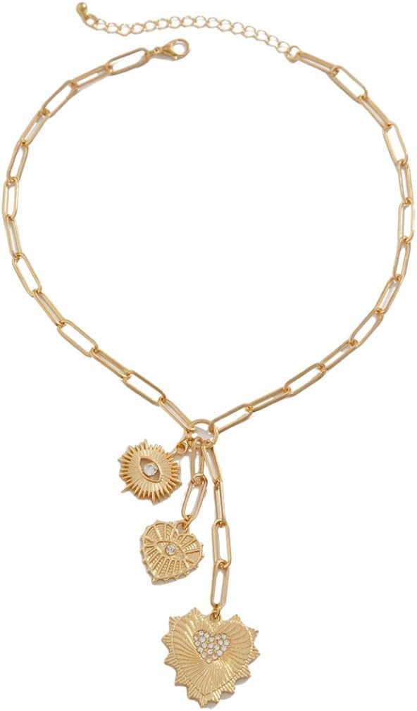 14K Gold Chain Link Necklace with Crystal Heart Charms, 3 Pendant Design, 37-44 cm