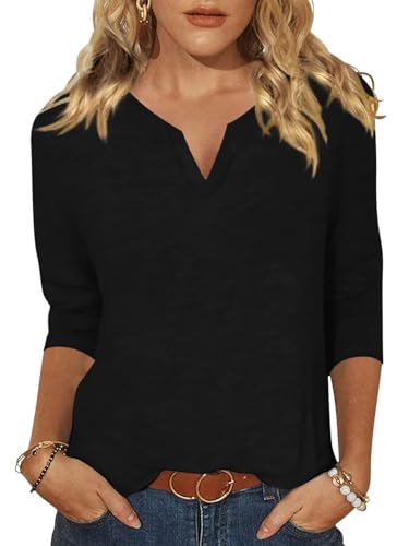 EADINVE Womens V Neck 3/4 Sleeve T-Shirts Solid Color Casual Basic Tops Summer 2024 Tees Blouses Loose Fit Pullover 2024