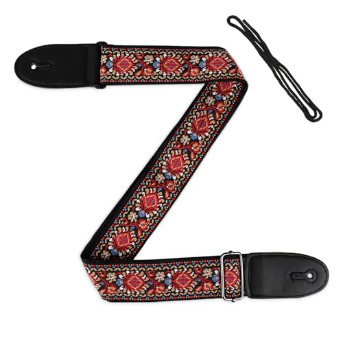 WLLHYF Sangle de guitare vintage large broderie rouge sangles réglables en cuir pour guitares électriques, basses, acoustiques, femmes et hommes, accessoires de guitaristes, Rouge, 89-155cm x 5cm - Les Beatles, Paul McCartney, John Lennon, RIngo Starr, George Harrison WLLHYF Sangle de guitare vintage large broderie rouge sangles réglables en cuir pour guitares électriques, basses, acoustiques, femmes et hommes, accessoires de guitaristes, Rouge, 89-155cm x 5cm