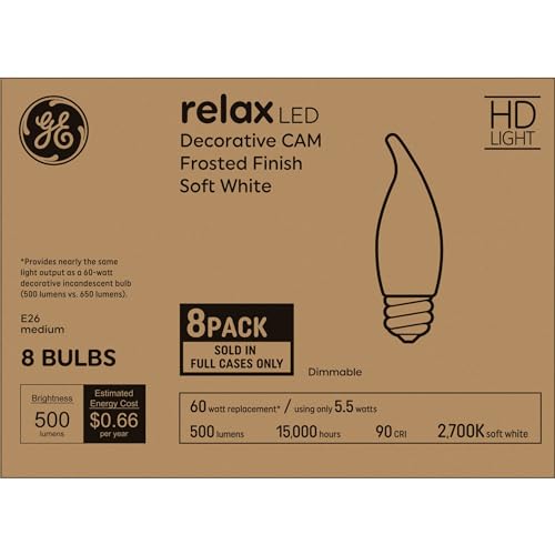 GE Relax LED Light Bulbs 60W, Soft White Candle Lights, Frosted Decorative Light Bulbs, Medium Base (8 Pack) by GE - Used condition - US$14.93