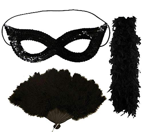 Wicked Costumes - Kit di accessori per travestimento da donna, boa di piume, ventaglio con paillette Flapper Accessory Kit Taglia unica