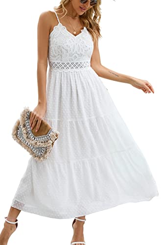 Image of Dokuritu Women's Beach Crochet Lace Maxi Dress Solid Color Summer Vacation Wedding Guest Spaghetti Strap Long Dress