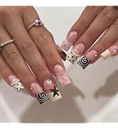 IMRAIN French Tip Press on Nails Long Square Fake Nails - Polka Dot, Star, Pearl, Bow Design Y2K ...