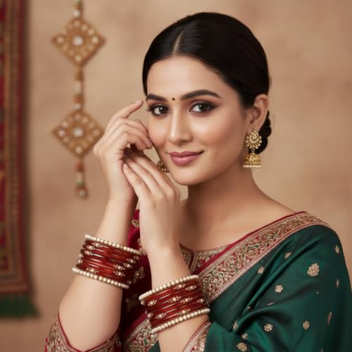 Image of SUNDRAM Women's Premium Fancy Glass Bangles for Women & Girls |with Zircon Gemstone Work & Charm| Traditional Ethnic Bangles Set of 12