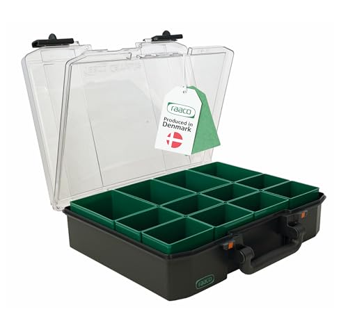 raaco CarryLite 80 4x8-12 DLU Premium Screw Organiser with 12 Compartments and Sandwich Lid | 10 kg Load Capacity | Nut and Bolt Secure Storage | Small Parts Tool Box Case | 33.7 × 27.8 × 8.2 cm
