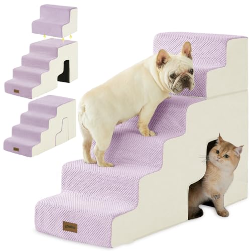 Image of ZOMISIA Dog Steps for High Beds - 6 Step 28.5 inch H Pet Stairs with Tunnel 2 in 1 with Zippers Suitable for Small Dogs and Cats, Indoor Cat Ladders with Non-Slip Bottom, Purple