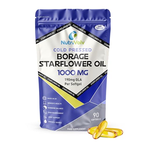Starflower Oil 1000mg | 90 Softgels (3 Month Supply) | Cold-Pressed Borage Oil with 190mg GLA | Hormone Balance Skin Joint & Womens Health Support | Natural Omega 6 Source | by NutriVolv