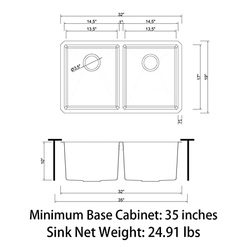 Sinber HU3219D-B 32\" x 19\" x 10\" Undermount Double Bowl Kitchen Sink with 18 Gauge 304 Stainless Steel Black Finish (Sink Only) - Thumbnail 5