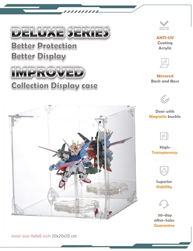 Image of Acrylic Display Case, Mirrored Back and Base, UV Protected, Front Door with Magnetic Buckle, Display Box, Dustproof Showcase for Figures, Collections, Models, Toys (8x8x8 inch, 20x20x20 cm)