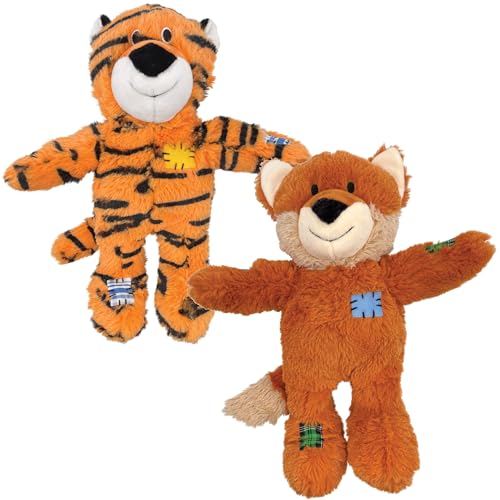 KONG Wild Knots Dog Toys – 2 Pack – Durable Plush Dog Toy with Internal Knotted Rope & Squeaker (Tiger/Fox, Medium/Large)