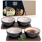 KOMPLETT-SET - Moritz & Moritz Miso Bowl Set mit 4 Suppenschalen, je 12 cm Durchmesser und 5 cm Höhe für 200 ml Suppe in Beige-Grau. Mit zwei Sandelholz Untersetzern zum eleganten Servieren mit je 25 x 12 cm