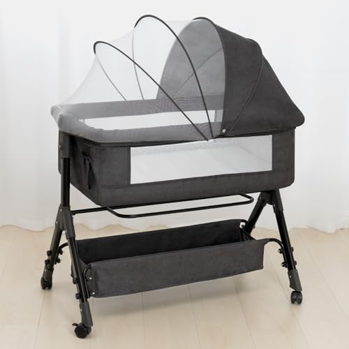 Foalom Baby Bassinet, 3 in 1 Baby Bassinet, Baby Basinet Bedside Sleeper, Easy to Fold Portable Crib Side Bassinet, Baby Cradle with Storage Basket, Adjustable Bedside Crib (Dark Grey)