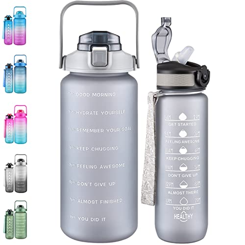 Bstge 2 Pack Motivational Water Bottle, 27 oz & 64 oz Water Bottle with Times to Drink, Leakproof & BPA Free, Half Gallon Water Bottle with Straw for Office, School, Gym and Workout