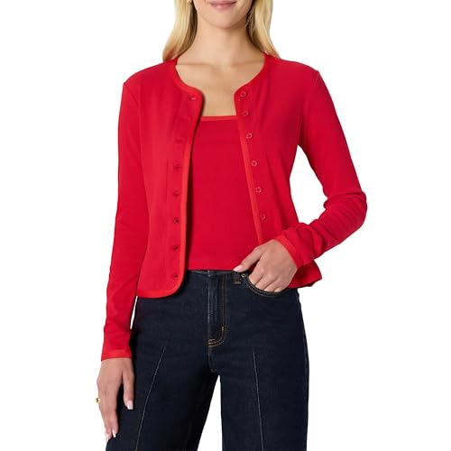 Amazon Essentials Women's Slim-Fit Ribbed Cardigan & Cami Set with Removable Straps, Red, Medium