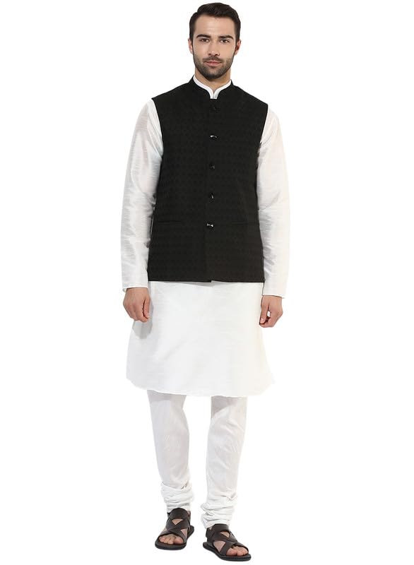 Kisah Men's Kurta Jacket Churidar Set, Silk Blend, Jacquard Regular Fit Black Mandarin Collar Long Sleeves (42)