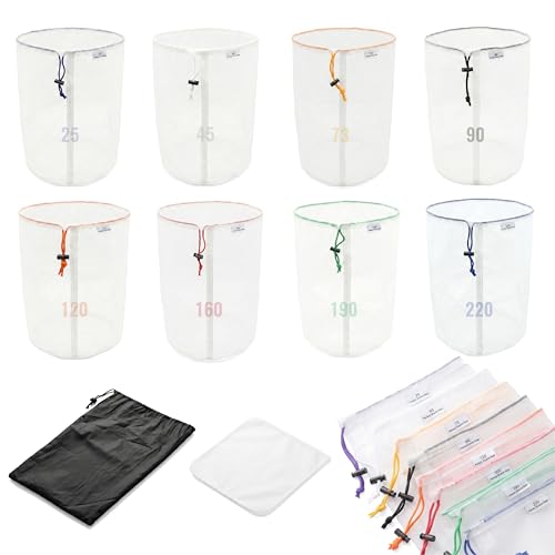 8-Pack 5 Gallon All Mesh Filter Bags set 25-220m Food-Grade Nylon Strainer Bags with Pressing Screen & Storage Bag Reusable Waterproof for Brewing Hydroponics Coffee Honey Gardening
