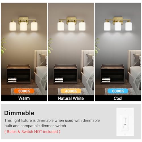 Image of FonmYim Brushed Gold Bathroom Light Fixtures, 3-Light Modern Vanity Light Over Mirror, Wall Sconces with Milky White Frosted Glass Shades, E26 Socket (Bulbs Not Included)