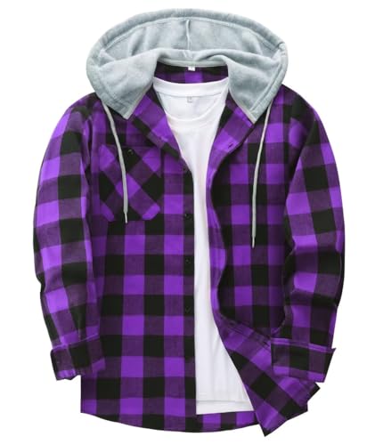 Image of JACKETOWN Men's Hoodies Long Sleeve Casual Plaid Flannel Shirt Mens Jackets Top Button Down Shirts for Men Cotton Lumberjack Regular Fit Purple Black