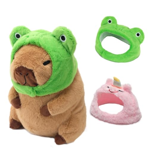 DJIFHJEK Cute Capybara Plush Pillow with Wearable Frog Hat Stuffed Animal Capibara Plushies Toys Gifts for Kids Brown (9.8 inch)