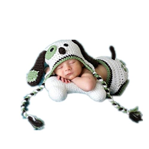 Coberllus Baby Photography Props Boy Girl Photo Shoot Outfits Newborn Crochet Costume Infant Clothes Puppy Hat Shorts, White, 0-3 months
